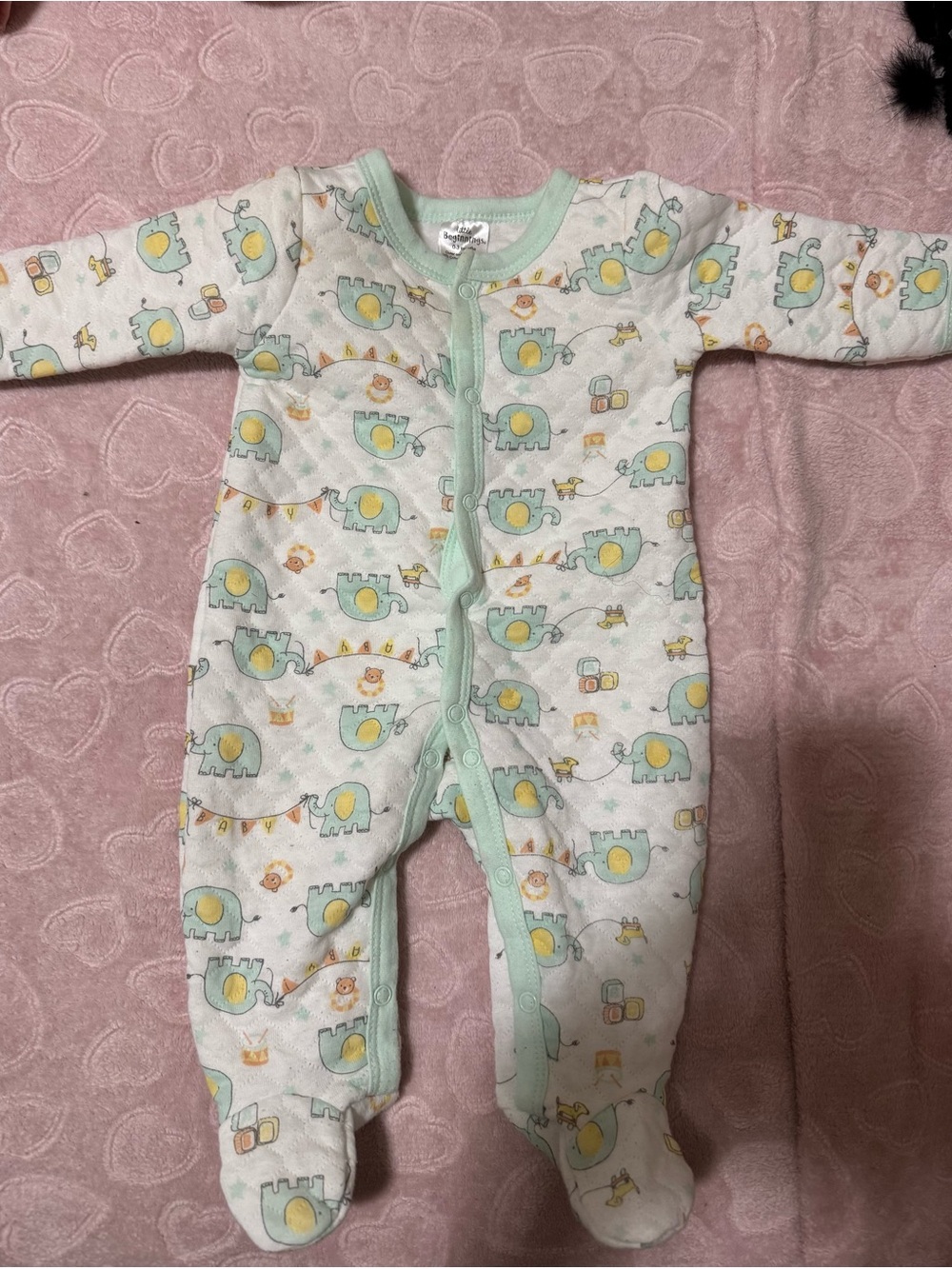 Baby Mint Green Quilted Elephant Print One-Piece Footed Sleeper